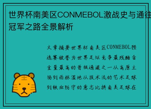 世界杯南美区CONMEBOL激战史与通往冠军之路全景解析